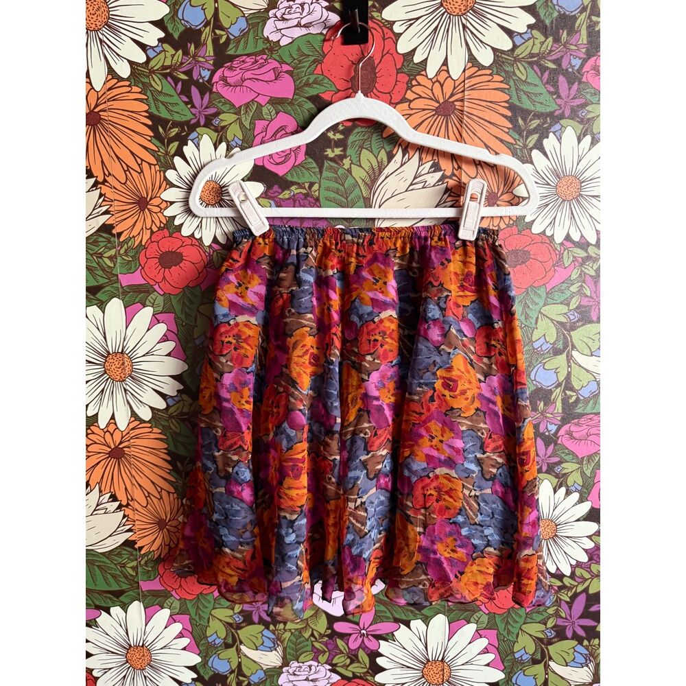 Vintage 70s 80s Indian Silk Floral Mini Skirt Made in India Boho OS Kush
